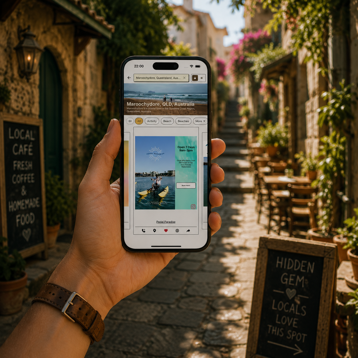 A hidden local café down a quiet lane