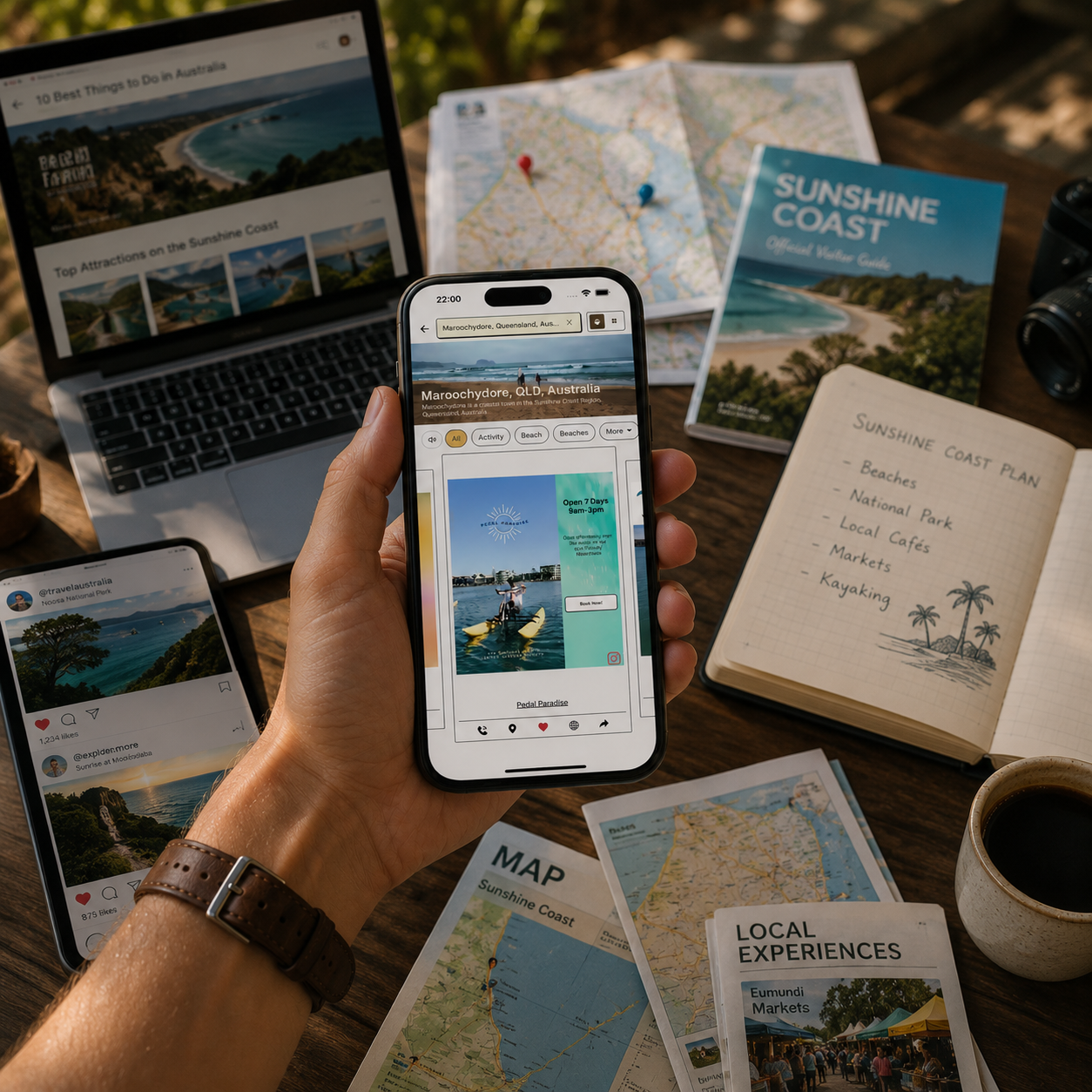 Travel notes scattered across maps, guides and apps