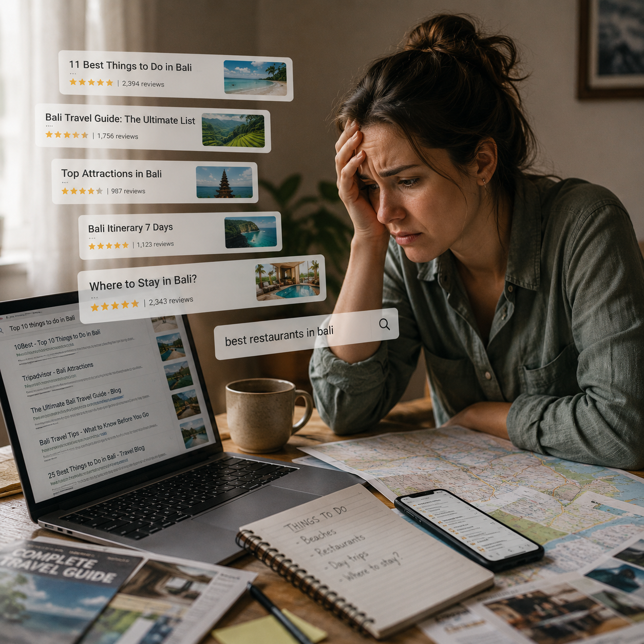 A traveller overwhelmed by search results