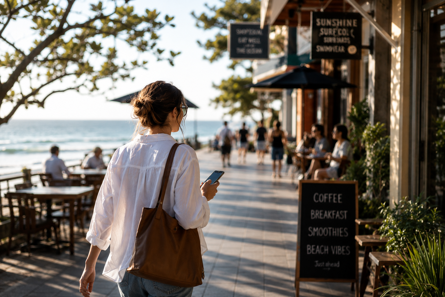 A traveler exploring a coastal town