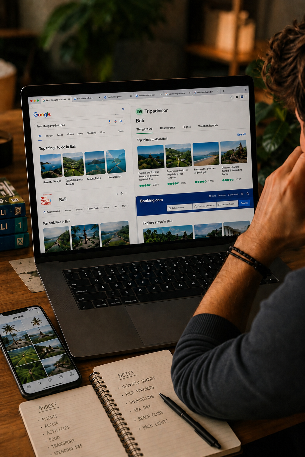 A traveler overwhelmed by search results